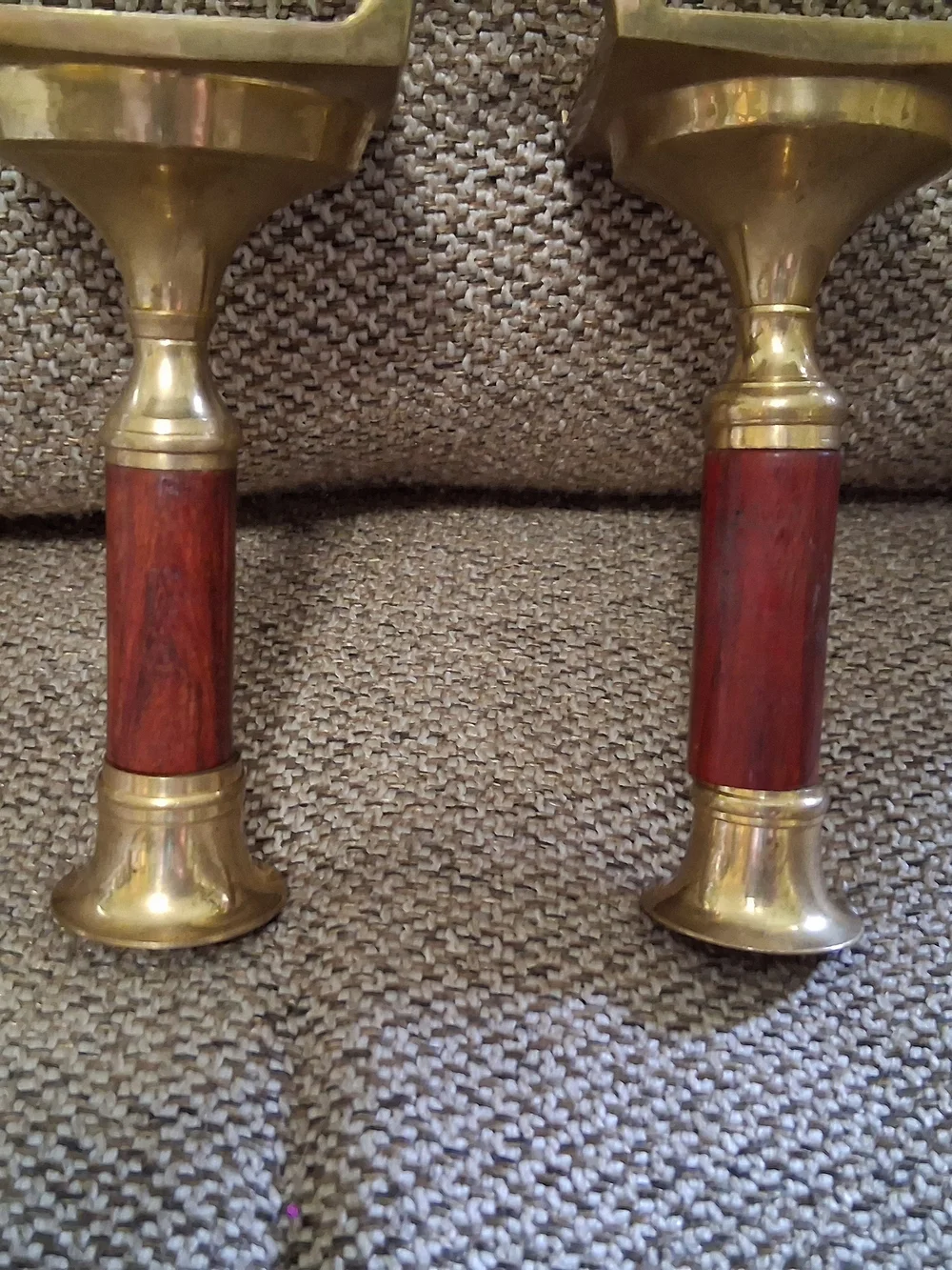 Vintage Pair Brass & Wood Taper Candlestick Holders